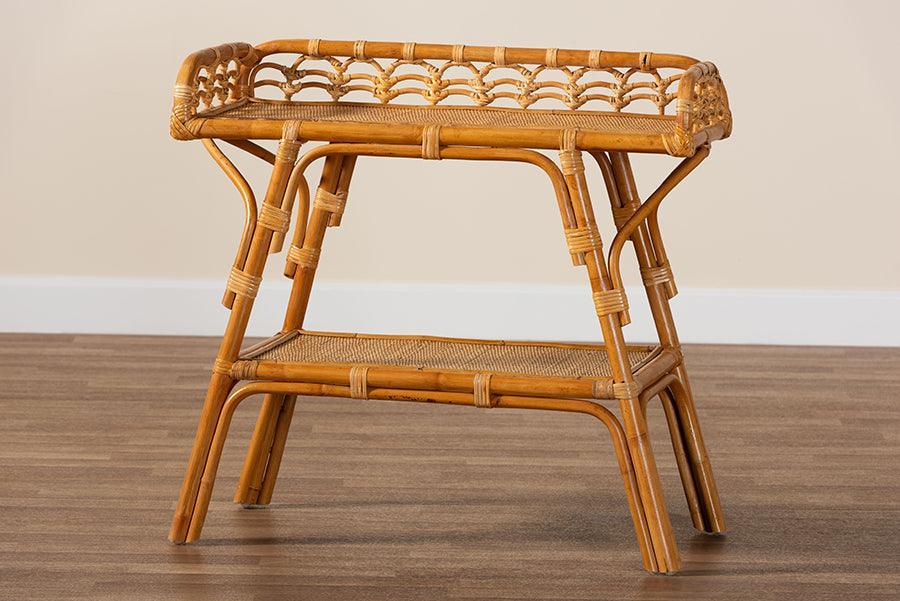 bali & pari Nayana Modern Bohemian Natural Rattan 2-Tier Console Table FredCo