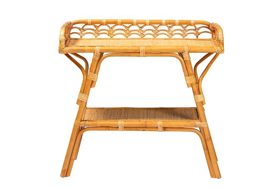 bali & pari Nayana Modern Bohemian Natural Rattan 2-Tier Console Table FredCo