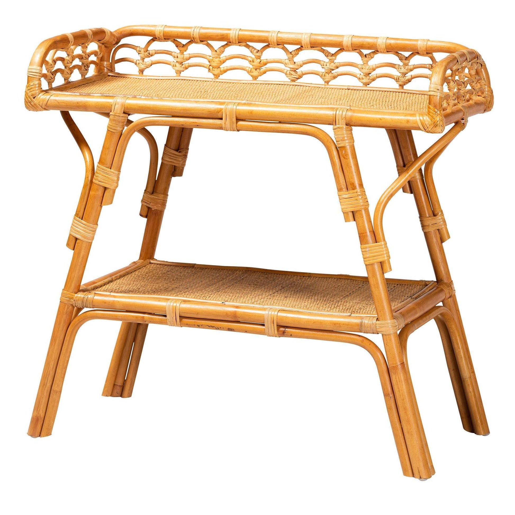 bali & pari Nayana Modern Bohemian Natural Rattan 2-Tier Console Table FredCo