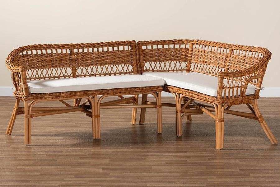 bali & pari Nella Modern Bohemian Natural Brown Rattan 2-Piece Dining Nook Banquette Set FredCo