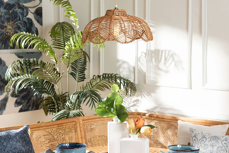 bali & pari Neorah Natural Rattan Pendant Lampshade - Coastal Boho Ceiling Light Cover with Handcrafted Petal Shape FredCo