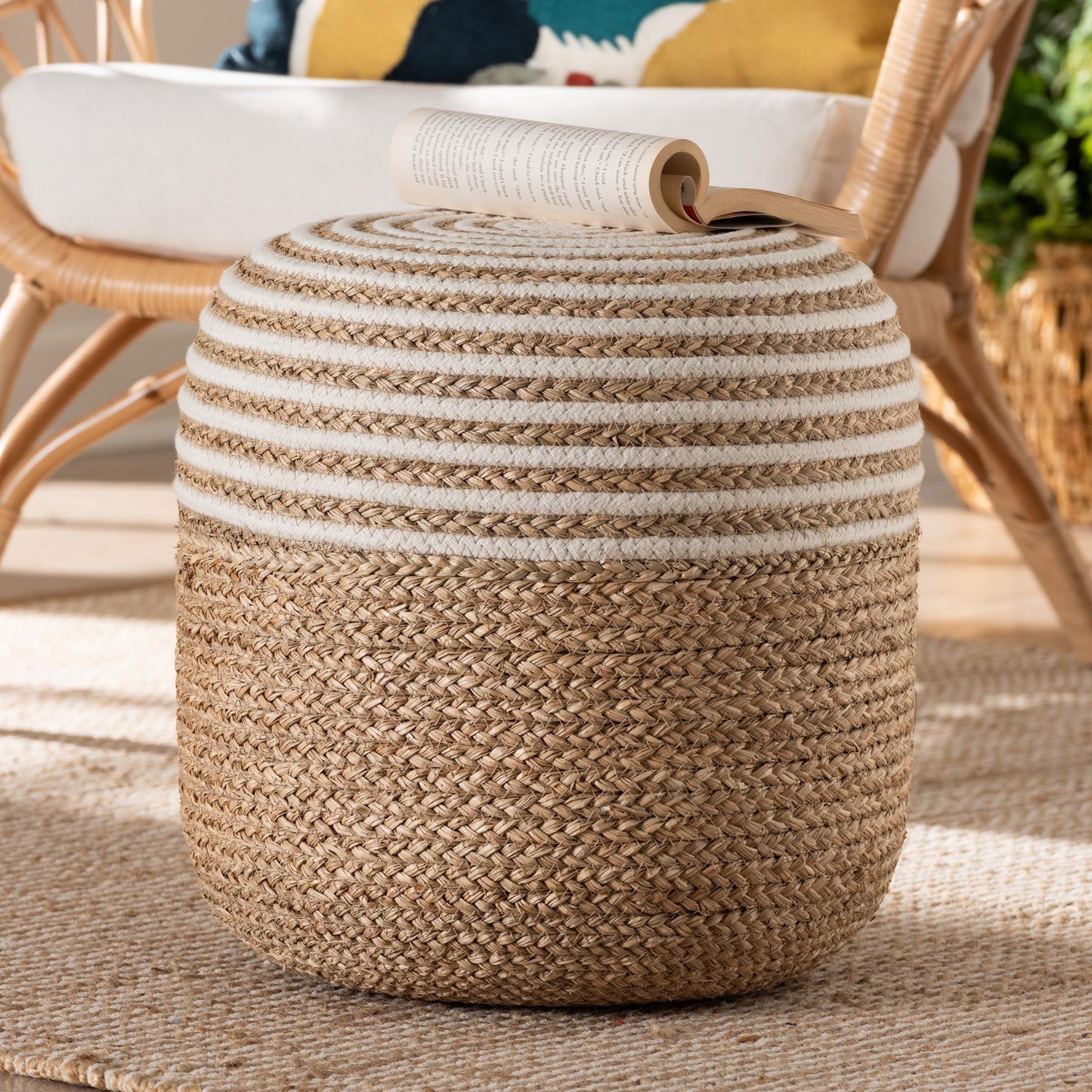 bali & pari Nequiel Modern Bohemian Natural Brown Seagrass and Woven Rope Ottoman Footstool FredCo