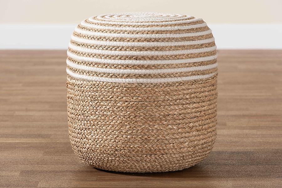 bali & pari Nequiel Modern Bohemian Natural Brown Seagrass and Woven Rope Ottoman Footstool FredCo