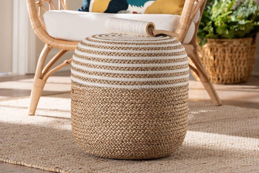bali & pari Nequiel Modern Bohemian Natural Brown Seagrass and Woven Rope Ottoman Footstool FredCo
