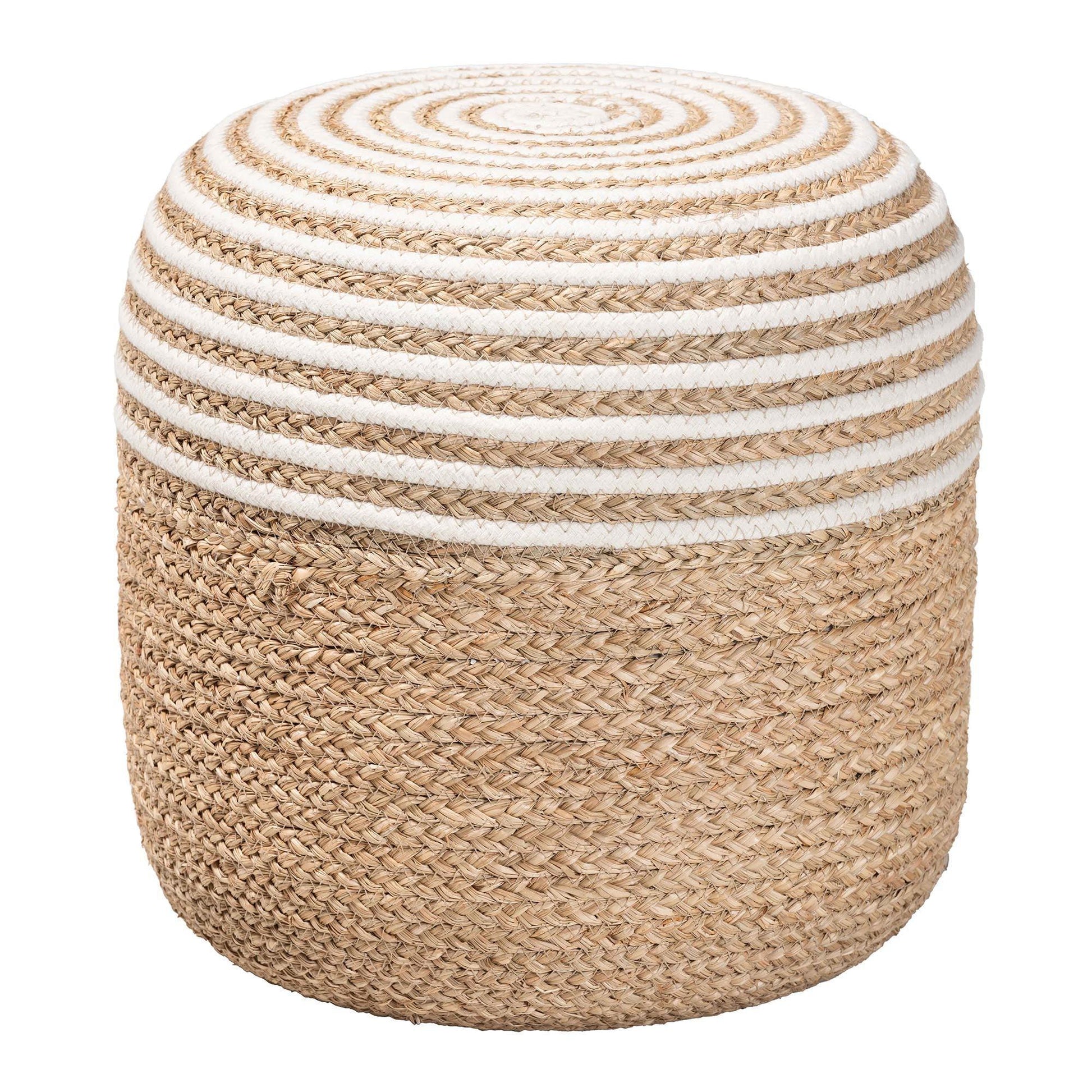 bali & pari Nequiel Modern Bohemian Natural Brown Seagrass and Woven Rope Ottoman Footstool FredCo