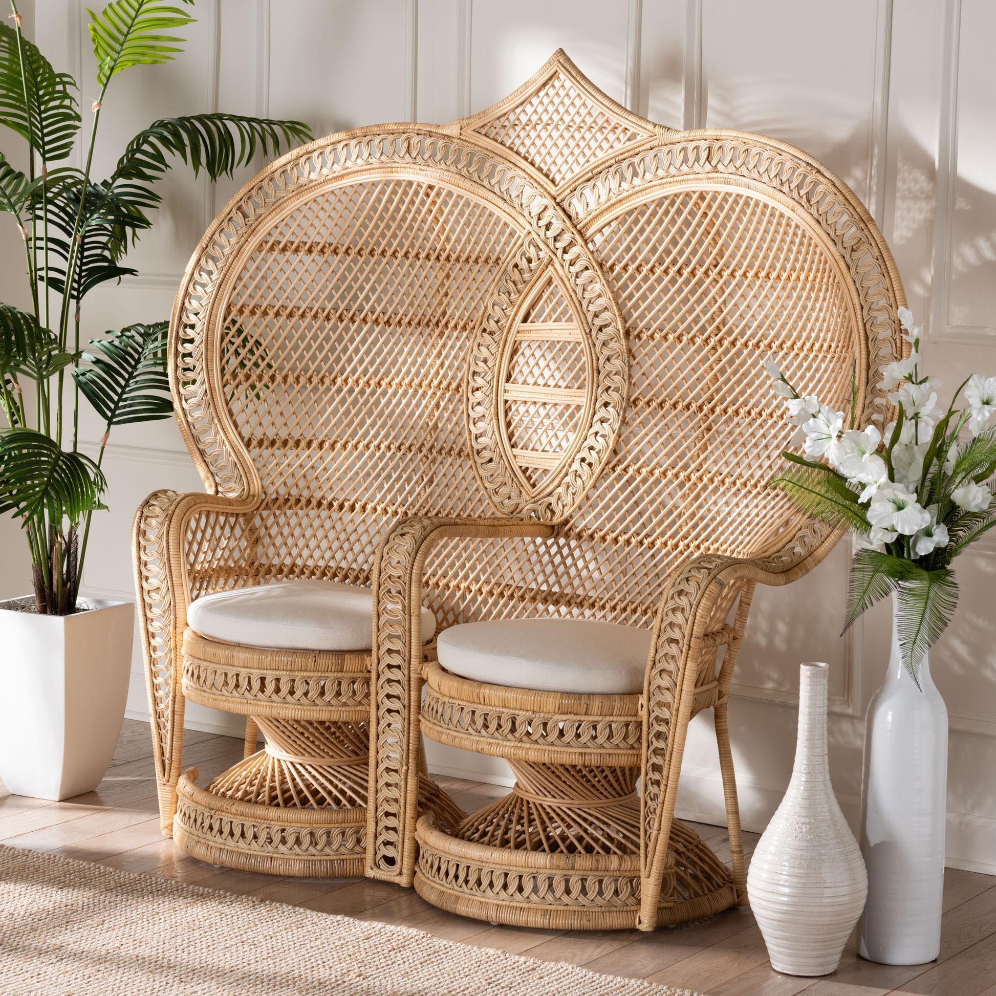 bali & pari Nerita Modern Bohemian Natural Brown Rattan Two-Seater Peacock Chair FredCo