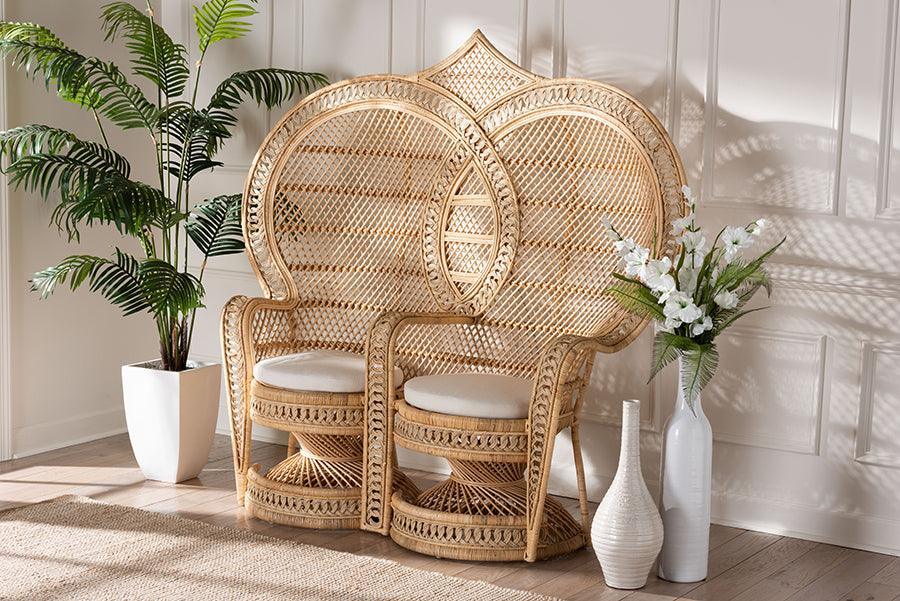 bali & pari Nerita Modern Bohemian Natural Brown Rattan Two-Seater Peacock Chair FredCo