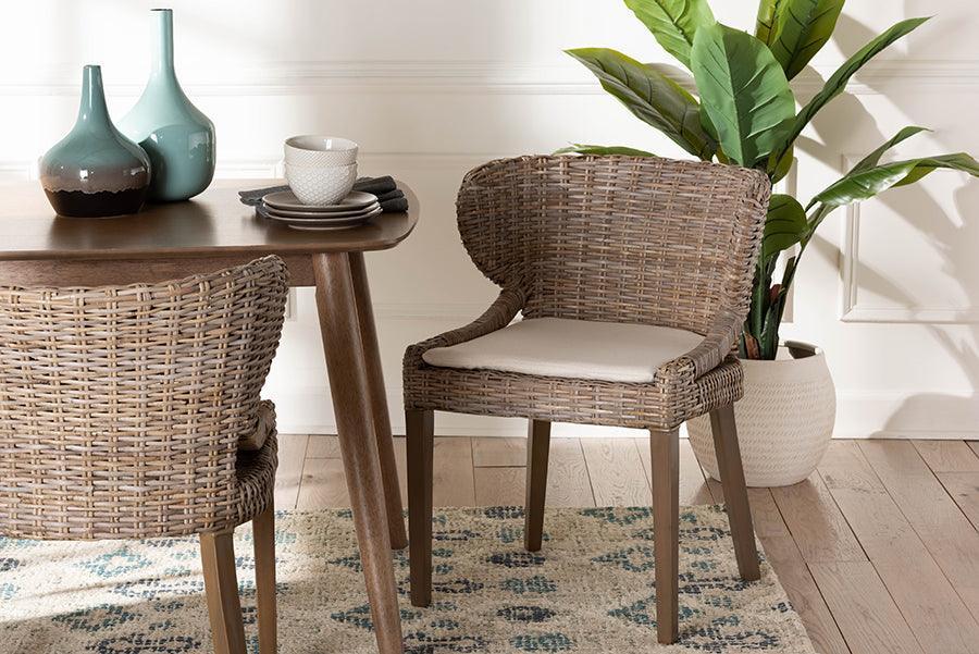 bali & pari Niesha Bohemian Grey Natural Kubu Rattan and Mahogany Wood Dining Chair FredCo