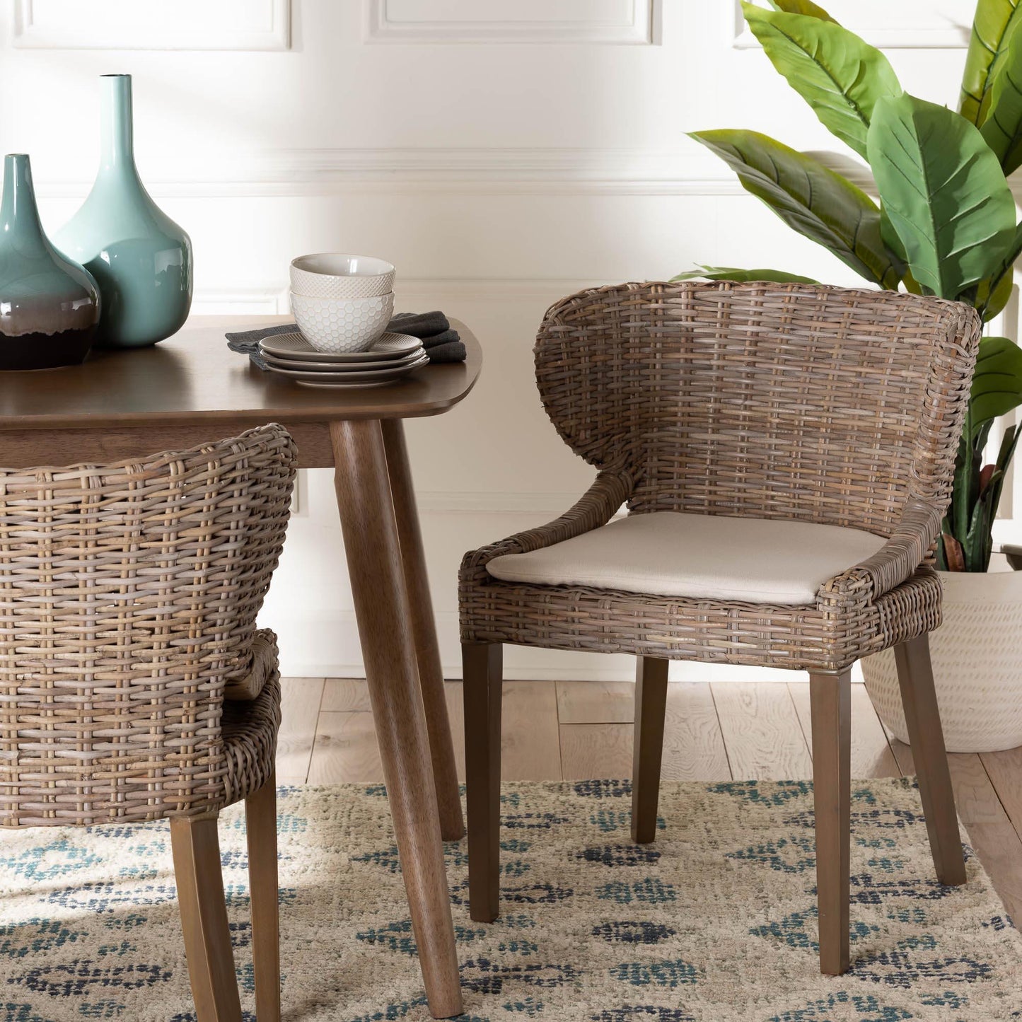 bali & pari Niesha Bohemian Grey Natural Kubu Rattan and Mahogany Wood Dining Chair FredCo