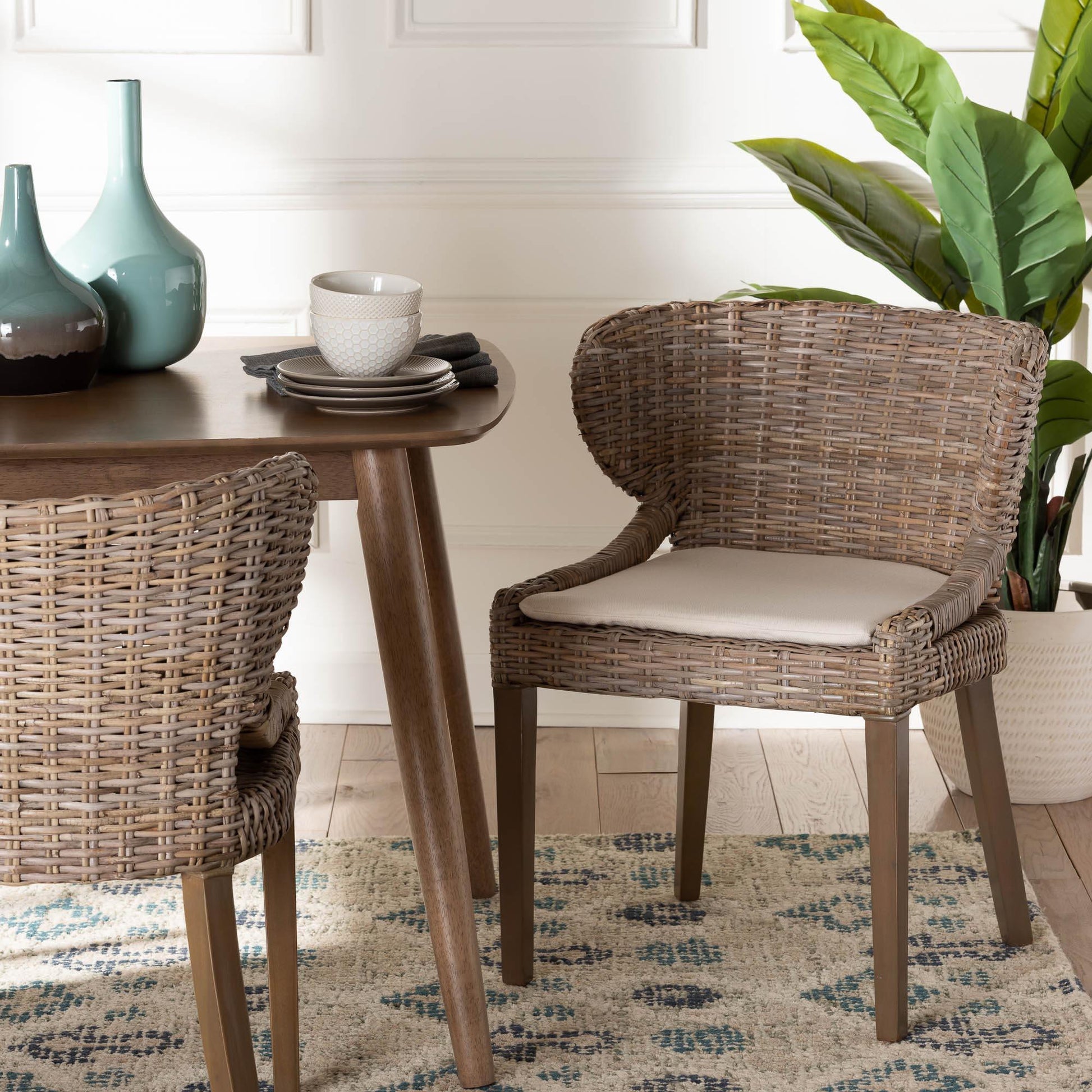 bali & pari Niesha Bohemian Grey Natural Kubu Rattan and Mahogany Wood Dining Chair FredCo