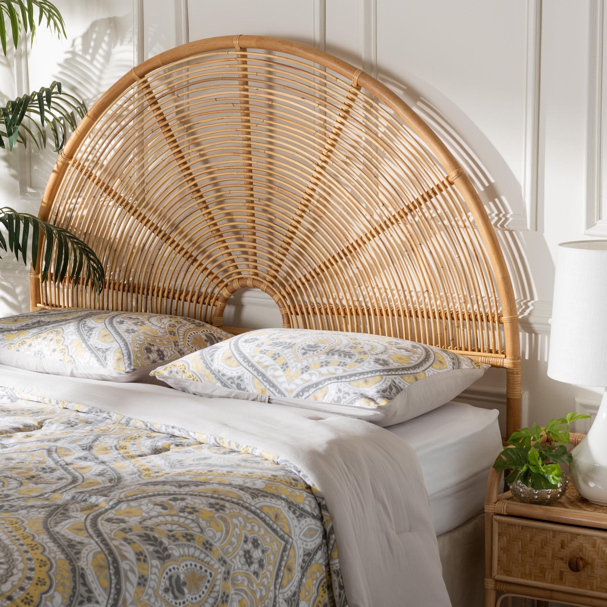 bali & pari Nina Modern Bohemian Honey Rattan Queen Size Standalone Headboard FredCo
