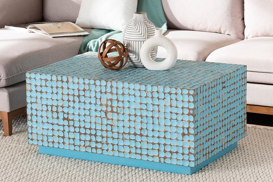 bali & pari Nitza Bohemian Blue Coconut Shell and Acacia Wood Coffee Table FredCo