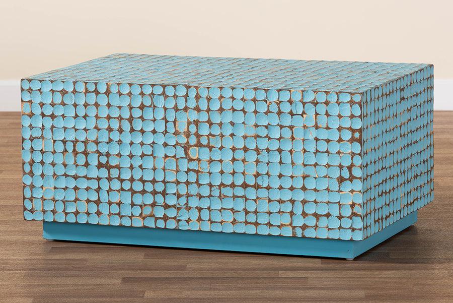 bali & pari Nitza Bohemian Blue Coconut Shell and Acacia Wood Coffee Table FredCo