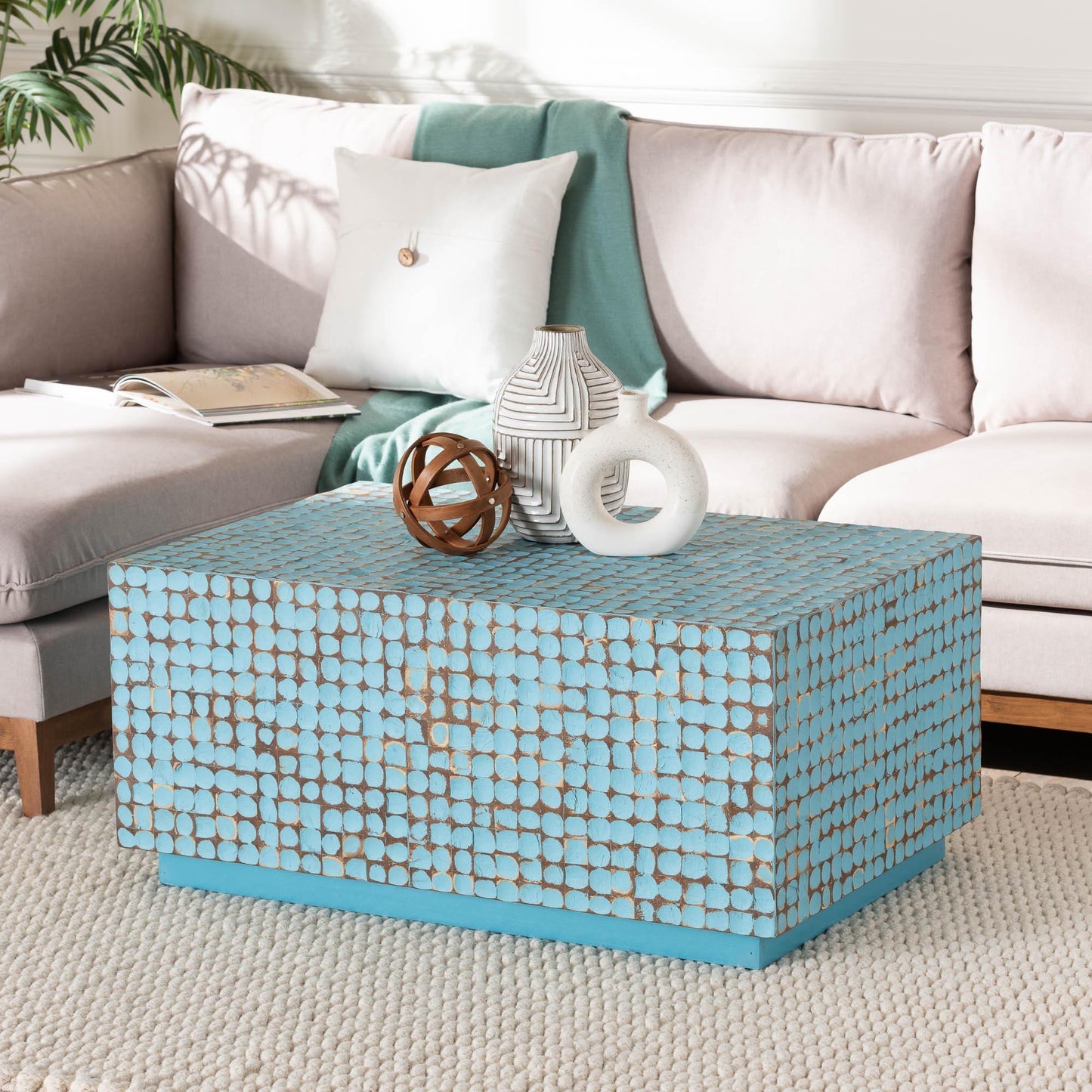 bali & pari Nitza Bohemian Blue Coconut Shell and Acacia Wood Coffee Table FredCo