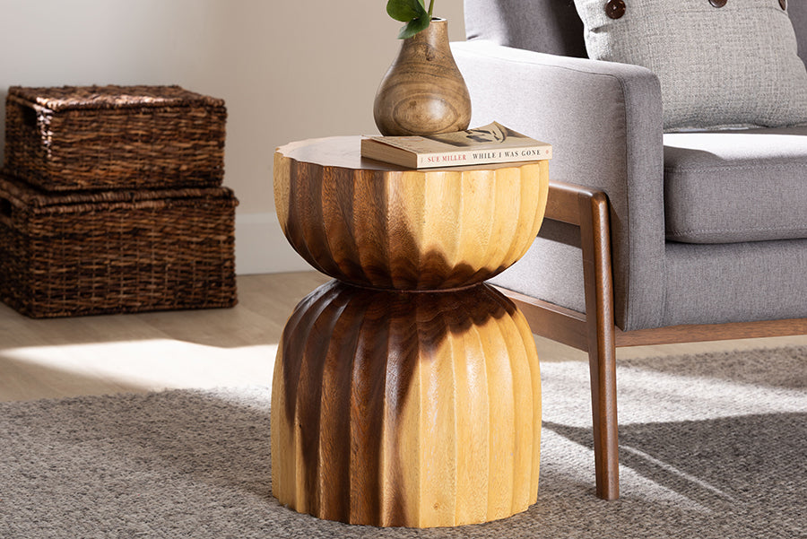 bali & pari Noleta Hand-carved Suar Wood Side Table - Sculptural Hourglass Accent Table with Natural Grain, Modern Boho Style for Living Room or Bedroom FredCo