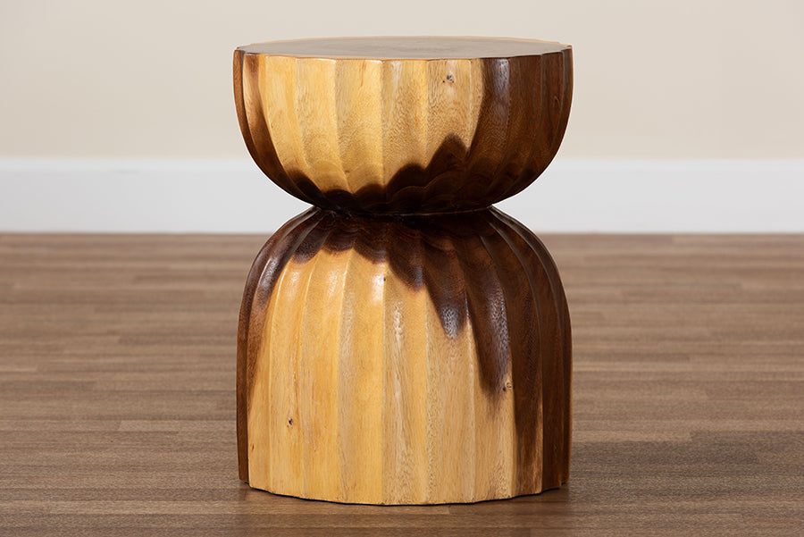 bali & pari Noleta Hand-carved Suar Wood Side Table - Sculptural Hourglass Accent Table with Natural Grain, Modern Boho Style for Living Room or Bedroom FredCo