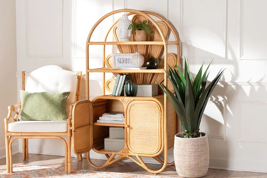 bali & pari Noreen Peacock Fan Natural Rattan Cabinet - Handcrafted Rattan Pole Hutch with Woven Doors and Shelves, Boho Coastal Accent Shelving and Display Unit FredCo