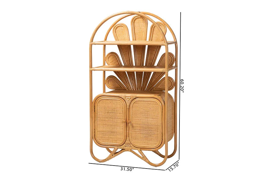 bali & pari Noreen Peacock Fan Natural Rattan Cabinet - Handcrafted Rattan Pole Hutch with Woven Doors and Shelves, Boho Coastal Accent Shelving and Display Unit FredCo