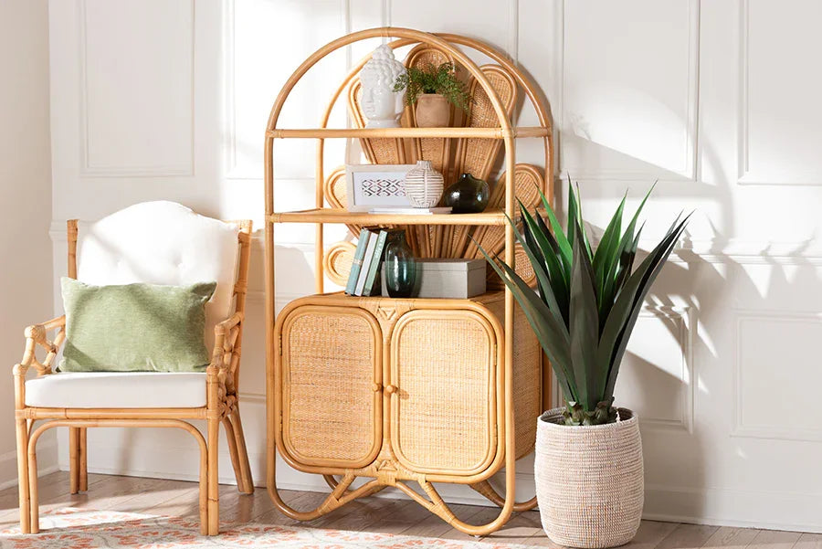 bali & pari Noreen Peacock Fan Natural Rattan Cabinet - Handcrafted Rattan Pole Hutch with Woven Doors and Shelves, Boho Coastal Accent Shelving and Display Unit FredCo