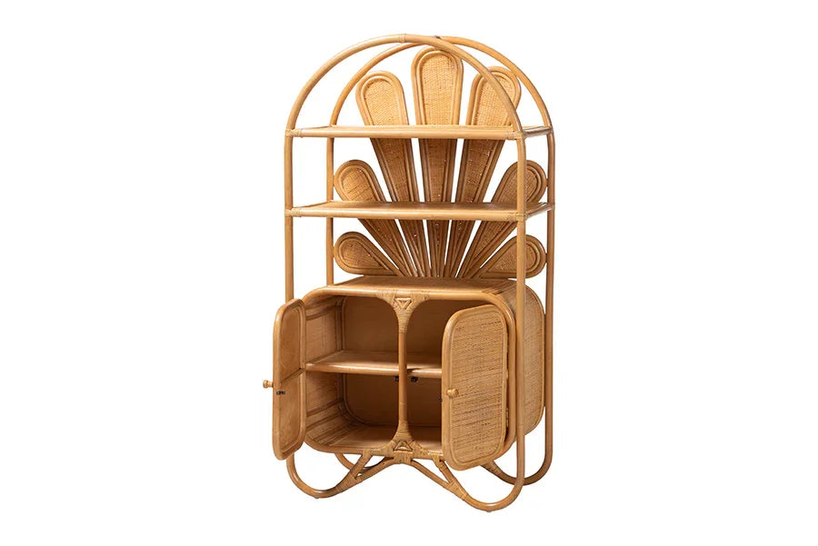 bali & pari Noreen Peacock Fan Natural Rattan Cabinet - Handcrafted Rattan Pole Hutch with Woven Doors and Shelves, Boho Coastal Accent Shelving and Display Unit FredCo