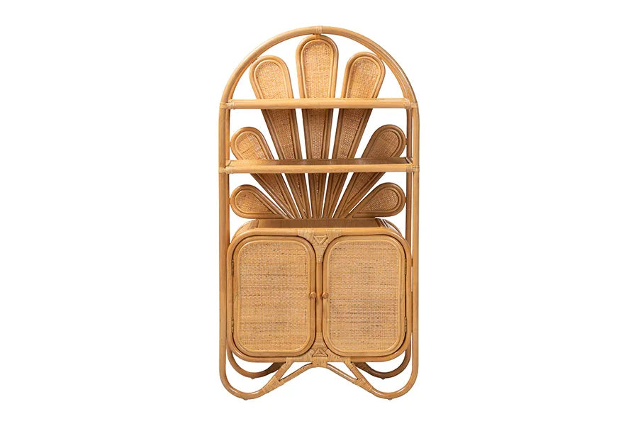 bali & pari Noreen Peacock Fan Natural Rattan Cabinet - Handcrafted Rattan Pole Hutch with Woven Doors and Shelves, Boho Coastal Accent Shelving and Display Unit FredCo