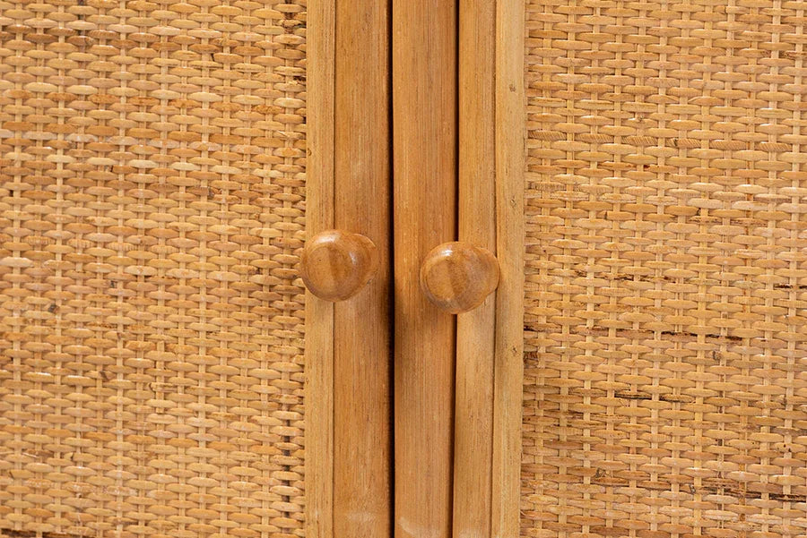 bali & pari Noreen Peacock Fan Natural Rattan Cabinet - Handcrafted Rattan Pole Hutch with Woven Doors and Shelves, Boho Coastal Accent Shelving and Display Unit FredCo