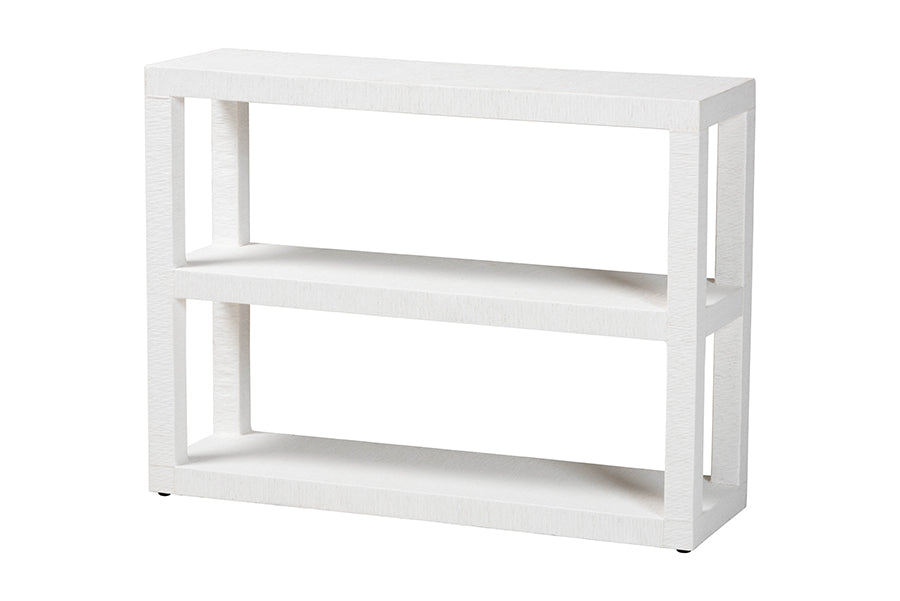 Modern white console table with two open shelves, FredCo International furniture