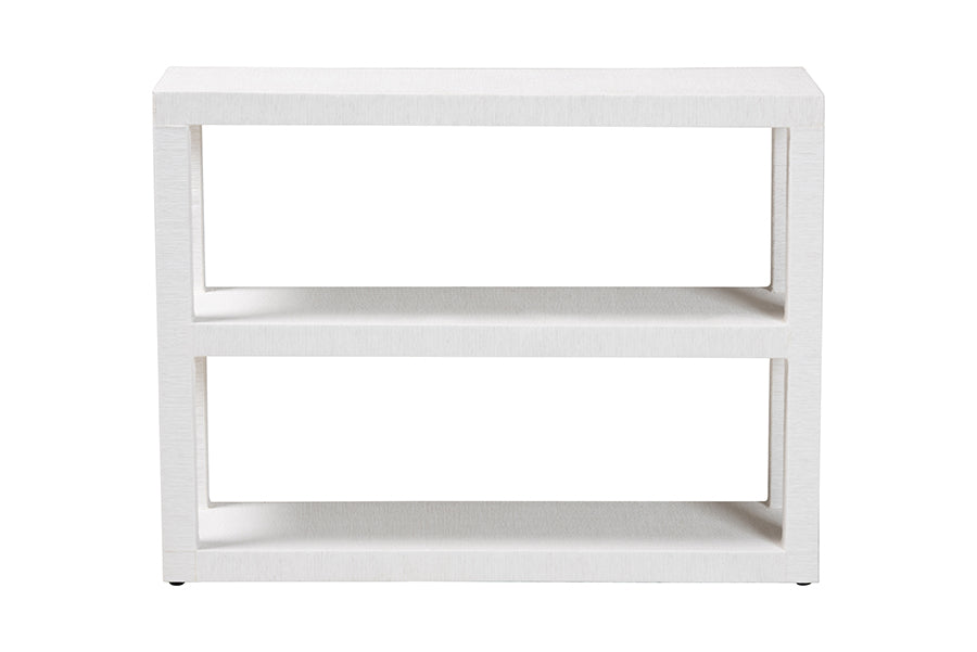 Modern white console table with two open shelves, FredCo International furniture