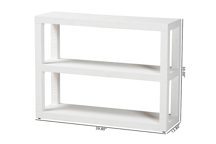 Modern white open shelf console table with two tiers, rectangular shape, furniture from FredCo International.