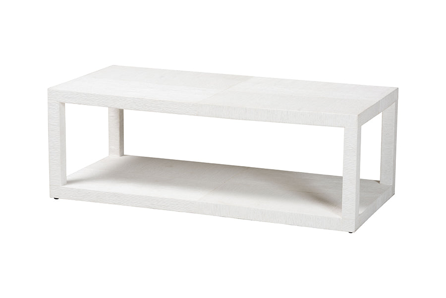 Modern white rectangular coffee table with open shelf, FredCo International furniture