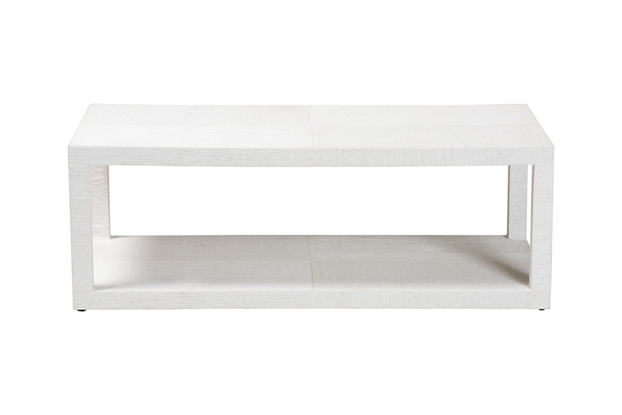 Modern rectangular white wood coffee table with open shelf, FredCo International furniture