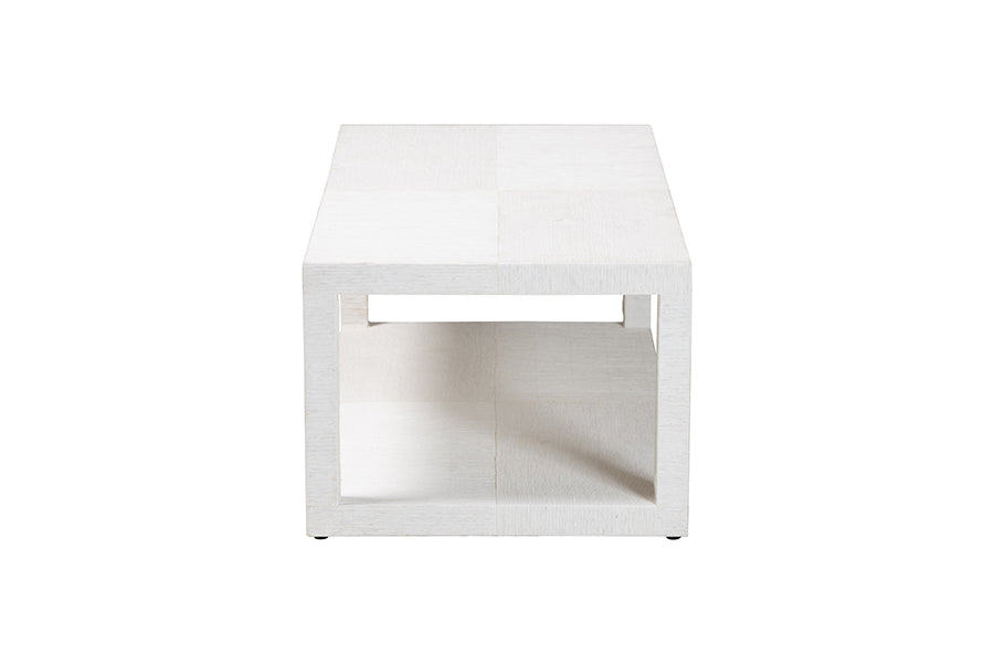 Modern white square coffee table with open shelf, minimalist furniture from FredCo International