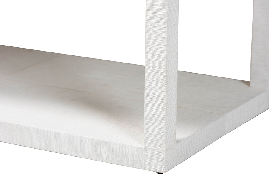 Close-up of modern white textured wood furniture base, FredCo International home décor