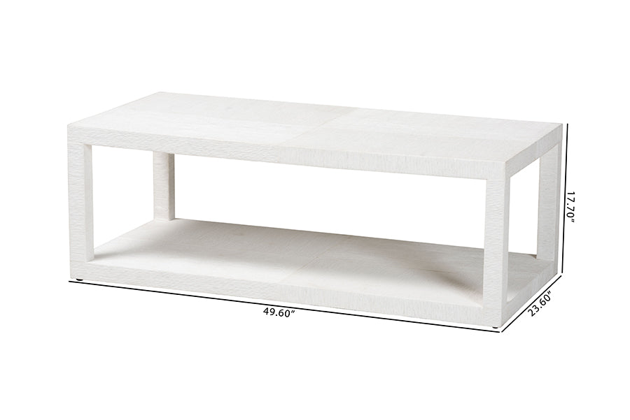 Modern white rectangular coffee table with open shelf, shown with dimensions on white background.