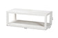 Modern white rectangular coffee table with open shelf, shown with dimensions on white background.