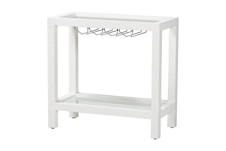 Modern white console table with glass top and built-in wine glass rack, FredCo International furniture