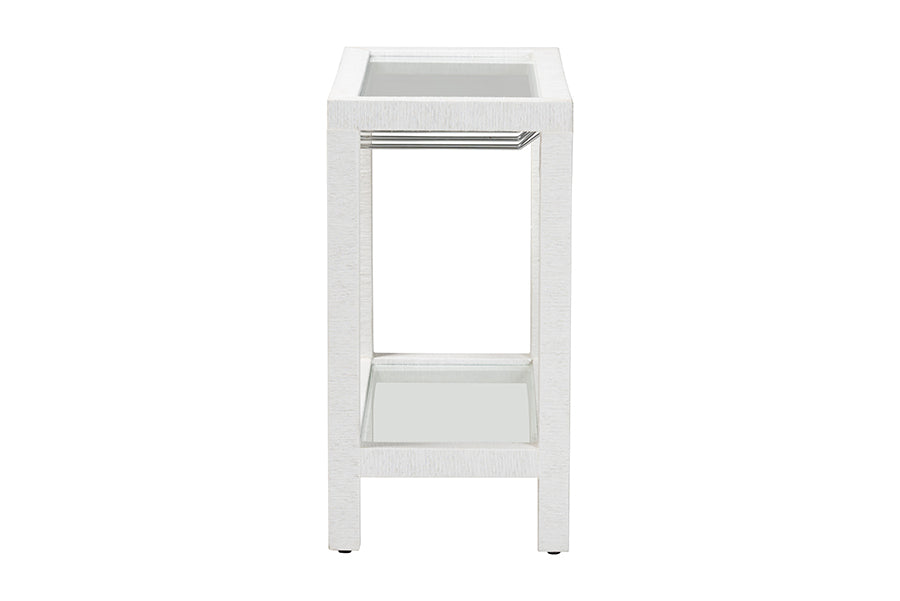 Modern white side table with glass top and shelf, shown on white background from FredCo International