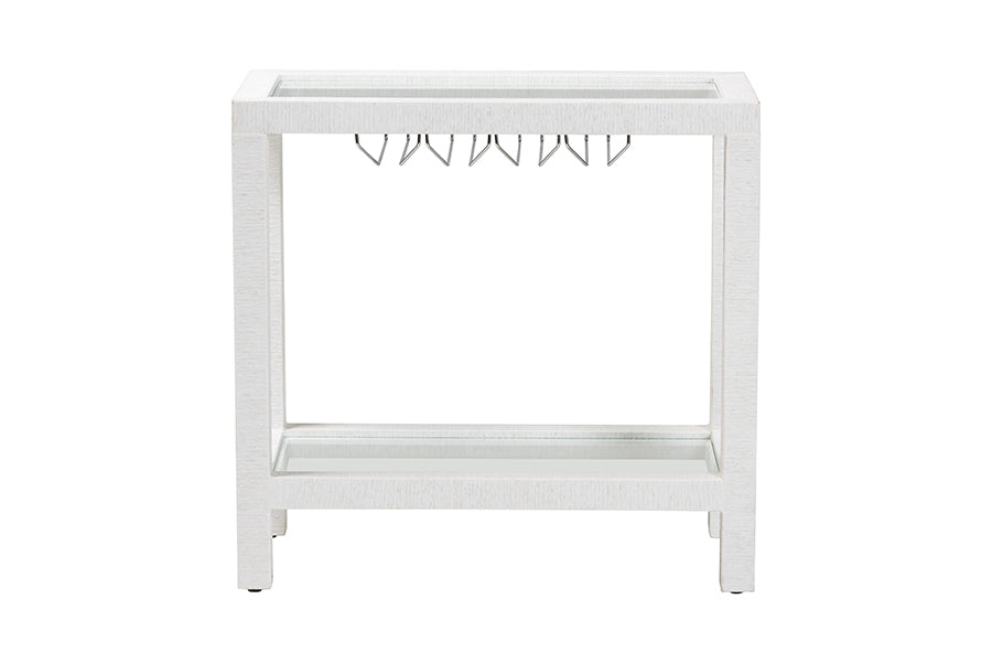 Modern white bar table with glass top and wine glass rack, FredCo International furniture