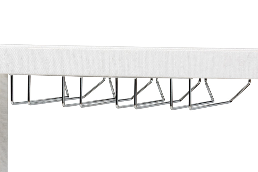 Modern chrome metal hanger hooks mounted under a white wooden shelf, furniture accessory