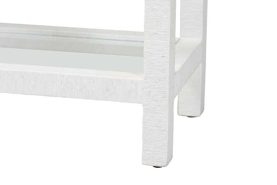 Modern white textured table leg with glass shelf, FredCo International furniture