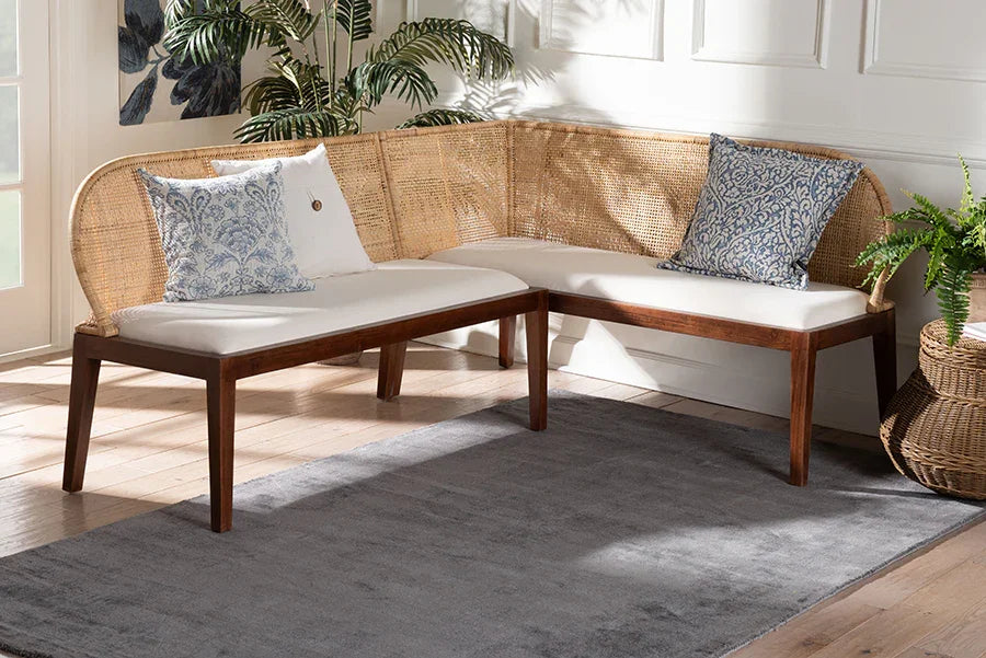 bali & pari Okinawa 2-Piece Corner Bench Set with Cushion - L-Shaped Dining Nook Seating with Acacia Wood Base and Natural Rattan Backrest, Boho Coastal Style Banquette for Kitchen or Breakfast Area FredCo