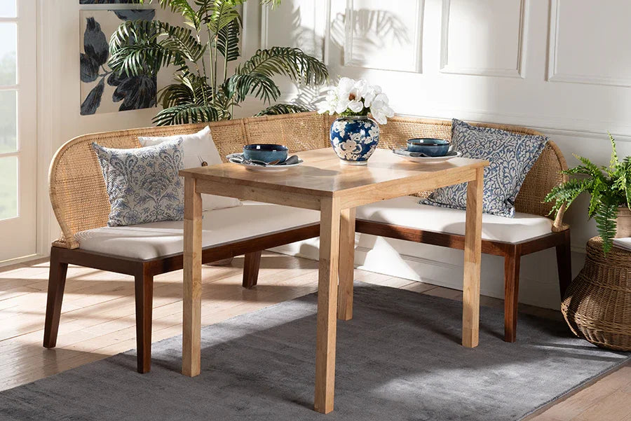 bali & pari Okinawa 3-Piece Dining Nook Set - L-Shaped Rattan Corner Benches with Cushions and Solid Wood Rectangular Table, Boho Coastal Breakfast Banquette for Kitchen or Dining Area FredCo