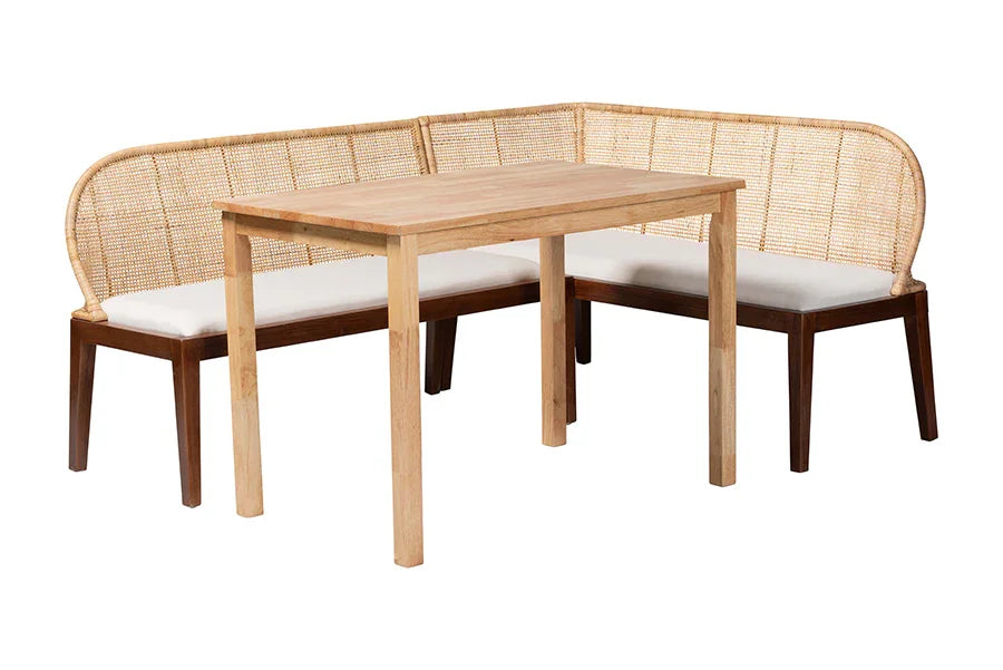 bali & pari Okinawa 3-Piece Dining Nook Set - L-Shaped Rattan Corner Benches with Cushions and Solid Wood Rectangular Table, Boho Coastal Breakfast Banquette for Kitchen or Dining Area FredCo