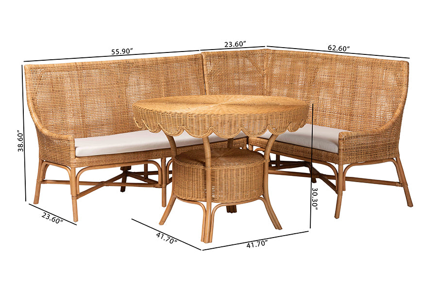 bali & pari Olivera Bohemian Light Honey Rattan 3-Piece Dining Nook Set FredCo