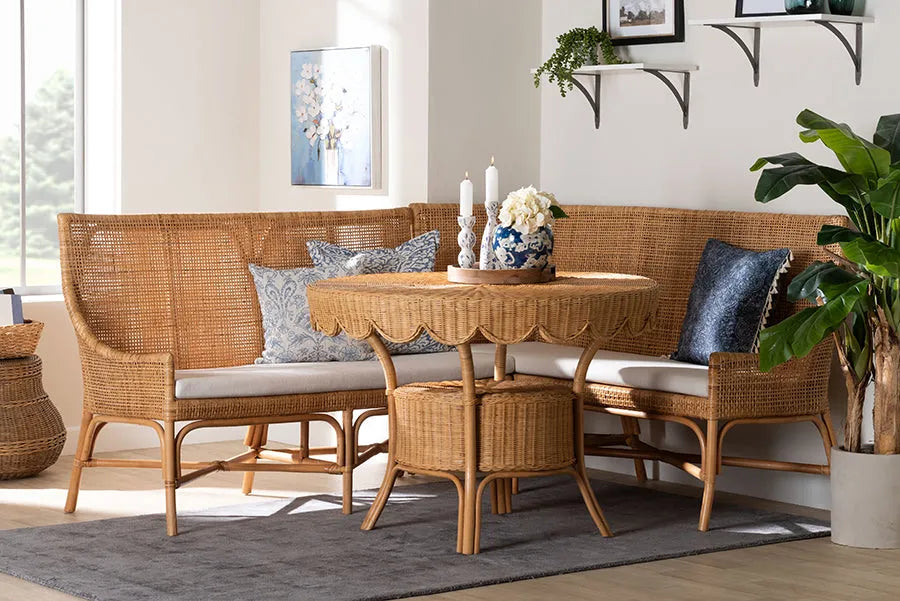 bali & pari Olivera Bohemian Light Honey Rattan 3-Piece Dining Nook Set FredCo