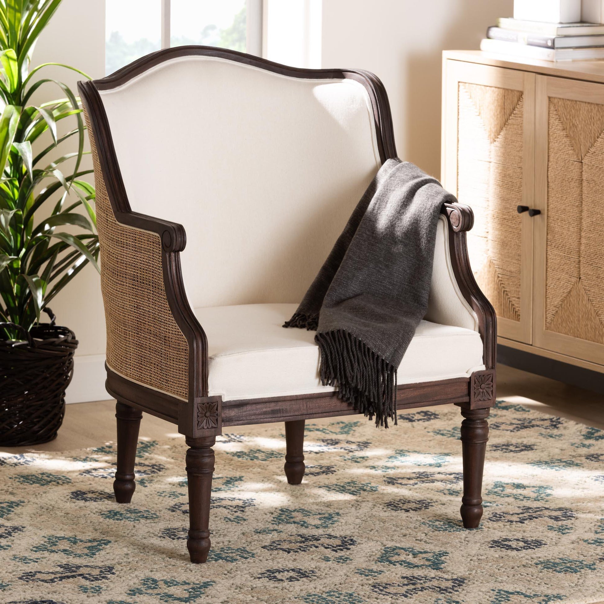 bali & pari Ornella Traditional French Beige Fabric and Dark Brown Finished Wood Accent Chair FredCo