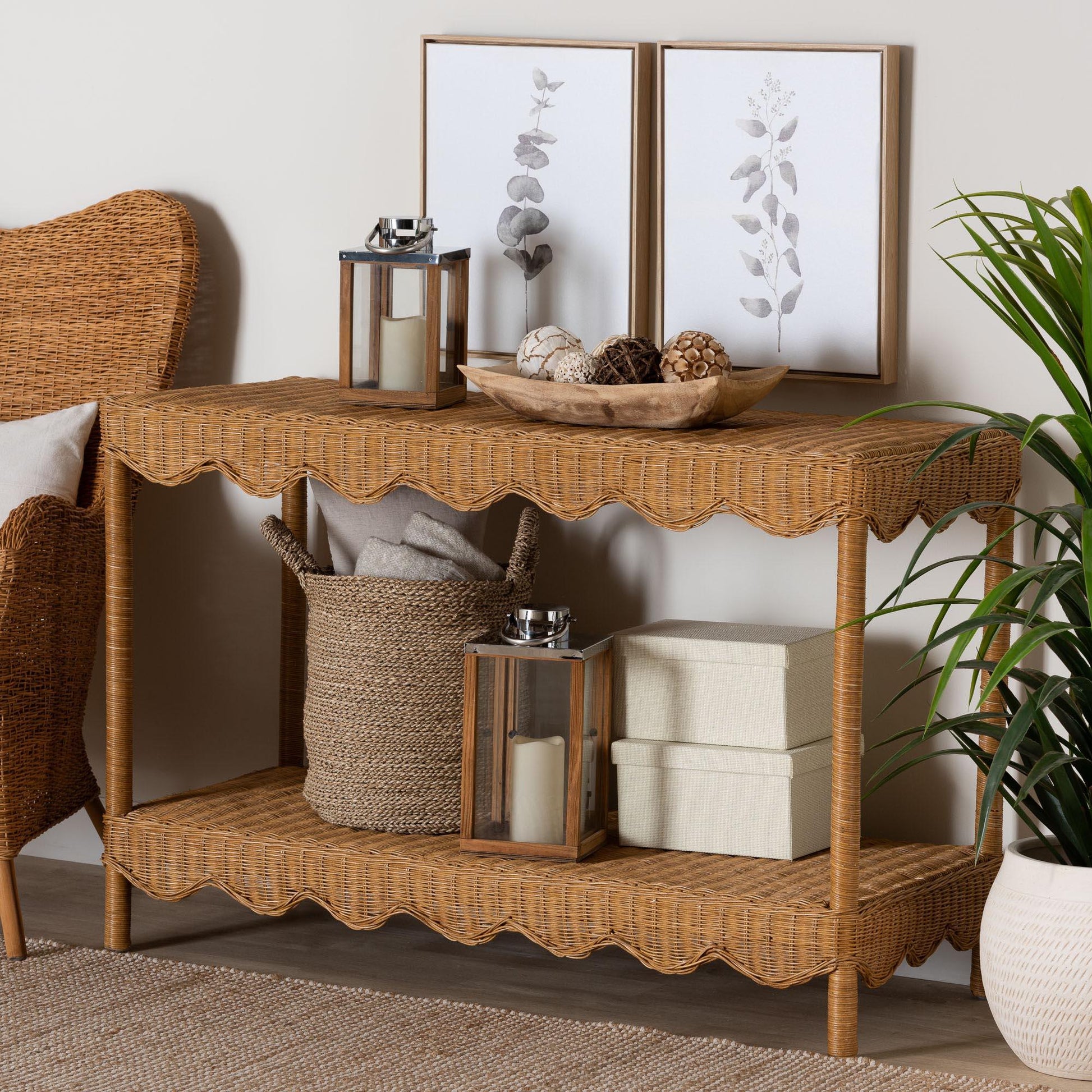 bali & pari Oteria Bohemian Light Honey Scalloped Rattan Console Table FredCo