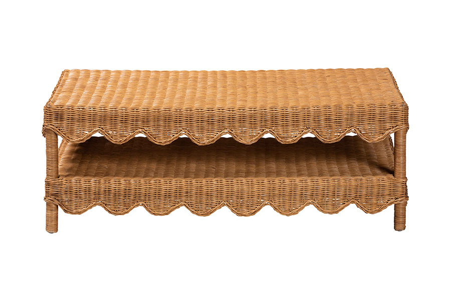 Woven rattan coffee table with scalloped edges and lower shelf, FredCo International furniture