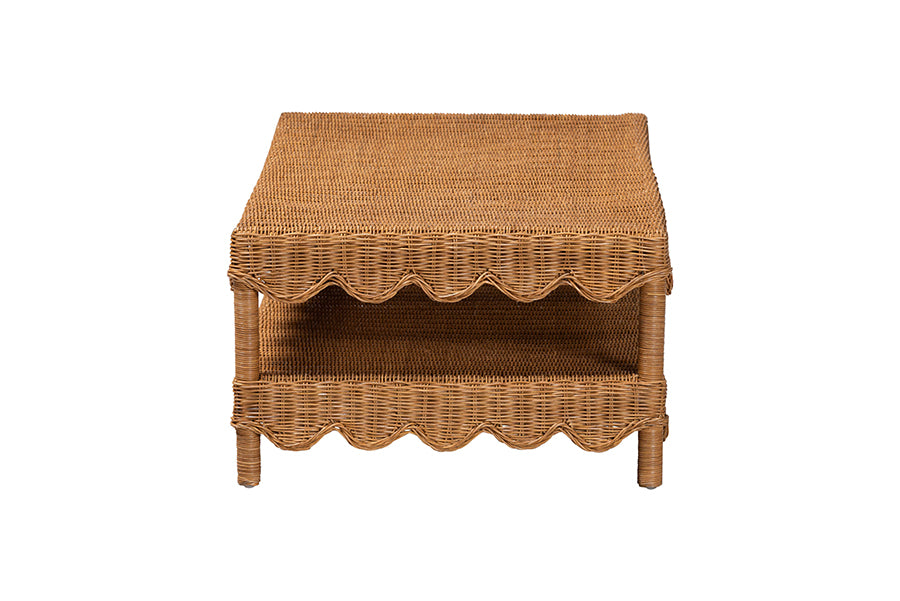 Brown wicker side table with scalloped trim and shelf, FredCo International furniture