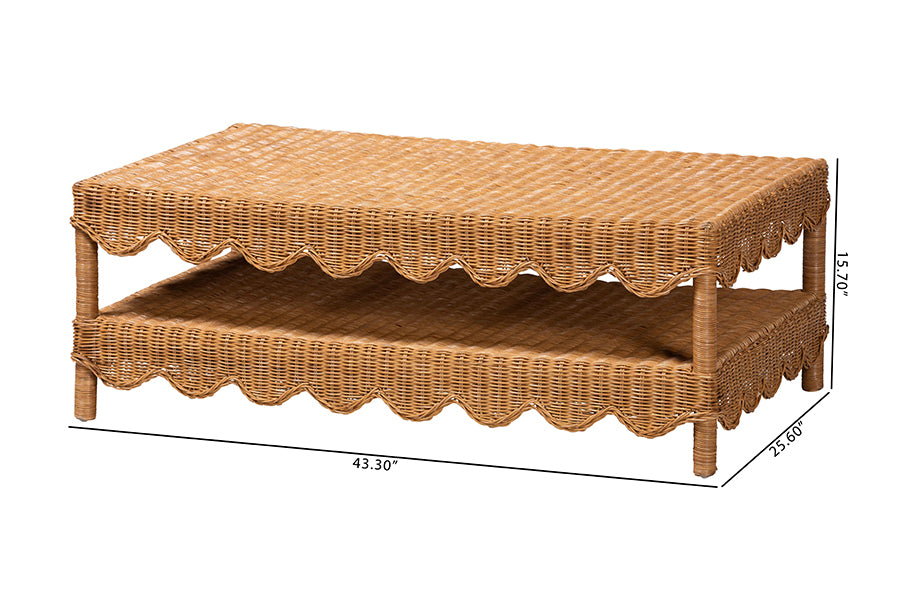 Wicker coffee table with scalloped edge, two tiers, and dimensions shown